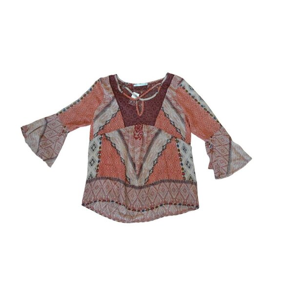 NWT Maurices Womens M Boho Style Red  Beige Patterned Bell Sleeve Lace Blouse - Picture 10 of 10
